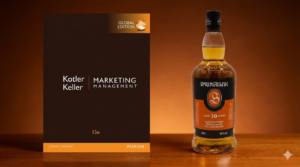 Kotler Keller pazarlama yönetimi kitabı ve yanında springbank 10 şişesi