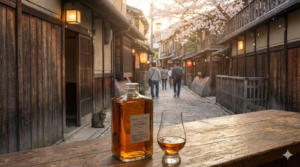 japonyada bir sokakta nikka from the barrel şişesi ve kadeh