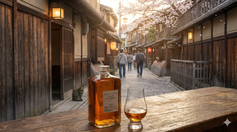 japonyada bir sokakta nikka from the barrel şişesi ve kadeh