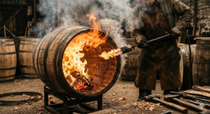 fıçının iç yüzeyini kömürleştiren bir fıçı ustası