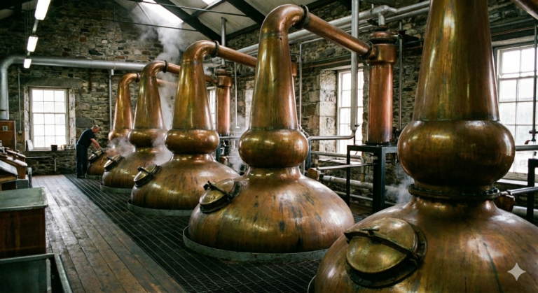 bir damıtımevinde sıralı imbikler